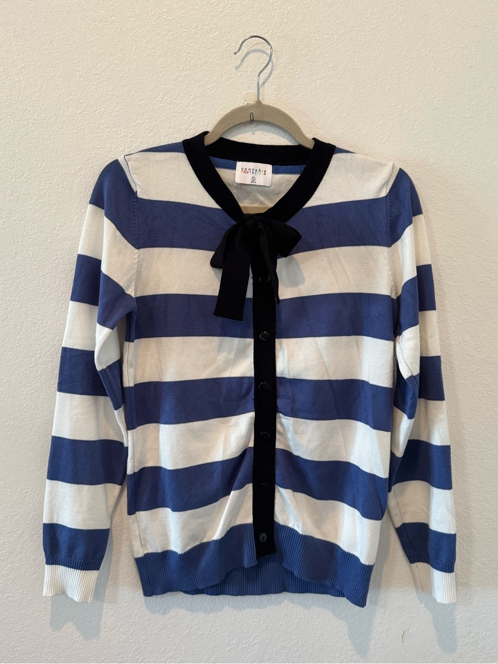 Navy & White Striped Neck Bow Cardigan Sweater